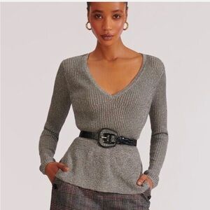 VERONICA BEARD Esmeralda V-Neck Metallic Ribbed Peplum sweater size small